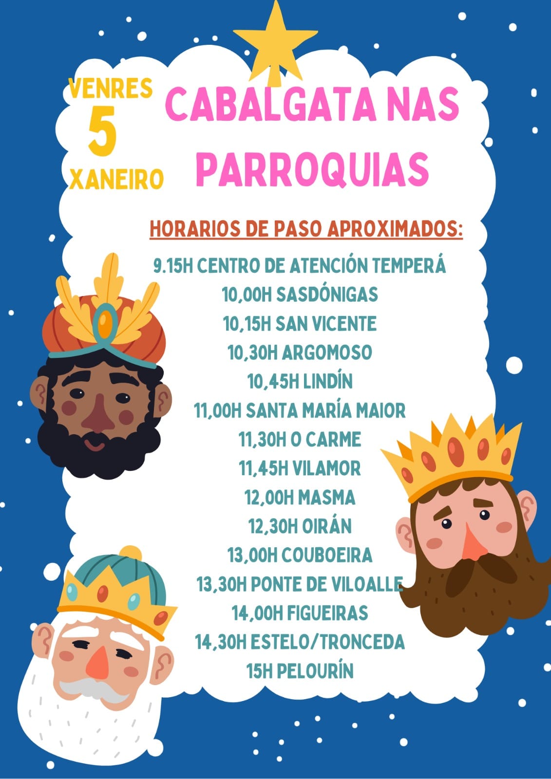 Horarios de la visita de los Reyes Magos a las parroquias de Mondoñedo
