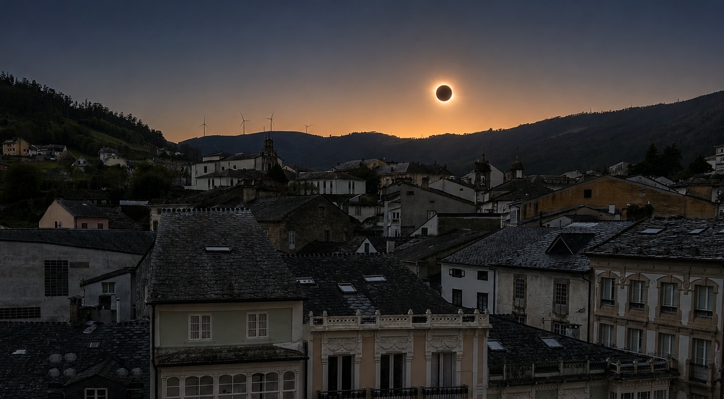 Simulación de la visualización del eclipse total de Sol desde las torres de la Catedral de Mondoñedo